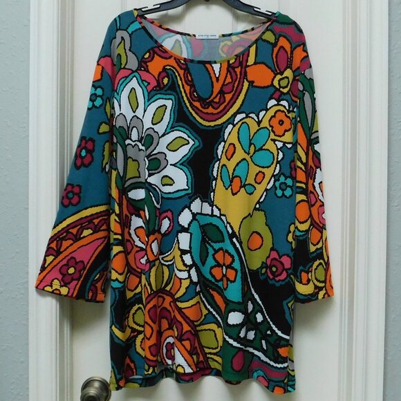 CHA CHA VENTE Retro Paisley Floral Multicolor Jersey Knit Tunic Dress Womens 2X - Picture 1 of 6
